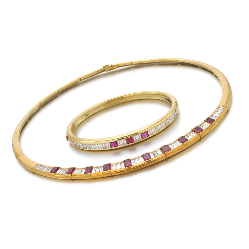 View full screen - View 1 of Lot 155. Ruby and diamond necklace and bangle | Collana e bracciale in rubini e diamanti.