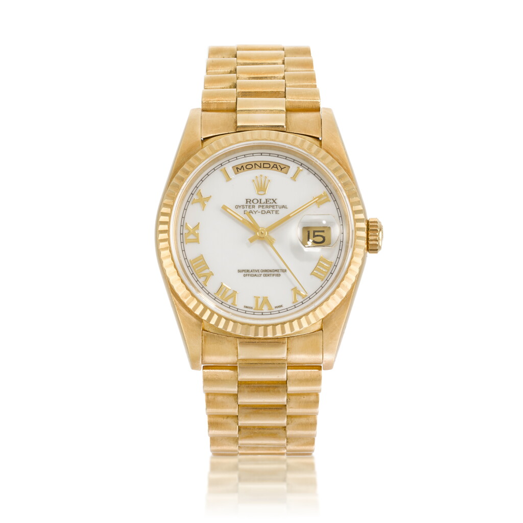 View full screen - View 1 of Lot 38. Day-Date, Ref. 18238 | A yellow gold wristwatch with day, date and bracelet | Circa 1995.