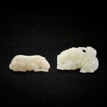 A white jade horse and a pale celadon jade 'horse and monkey' group, Ming dynasty 明 白玉臥馬 及 青白玉馬上封侯擺件