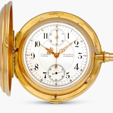 View full screen - View 1 of Lot 138. A fine pink gold hunting cased keyless lever chronograph watch with register, No. 32813 | Circa 1894.