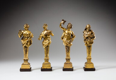 View full screen - View 1 of Lot 112. A set of four gilt-bronze termes "aux quatre saisons", first half of the 18th century, attributed to the workshop of André-Charles Boulle and his sons | Série de quatre termes "aux quatre saisons" en bronze doré, première moitié du XVIIe siècle, attribuées à l'atelier d'André-Charles Boulle et de ses fils.