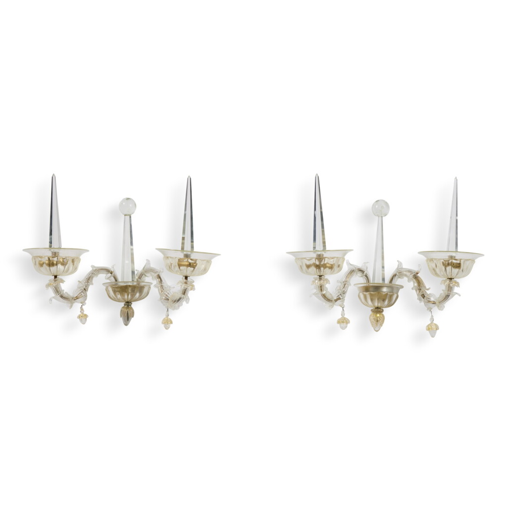 View full screen - View 1 of Lot 1035. A Pair of Cut and Gilt-Glass Twin-Branch Wall-Lights, by Andre Arbus, Circa 1940 .
