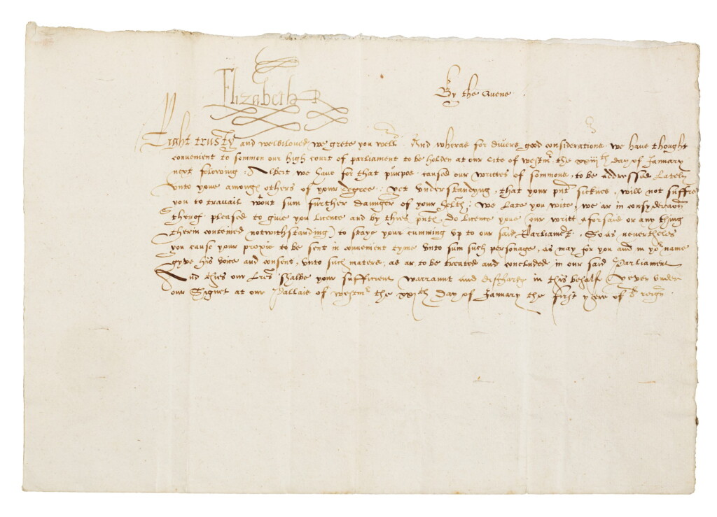 View full screen - View 1 of Lot 6. Queen Elizabeth I, letter signed, 21 January 1559.