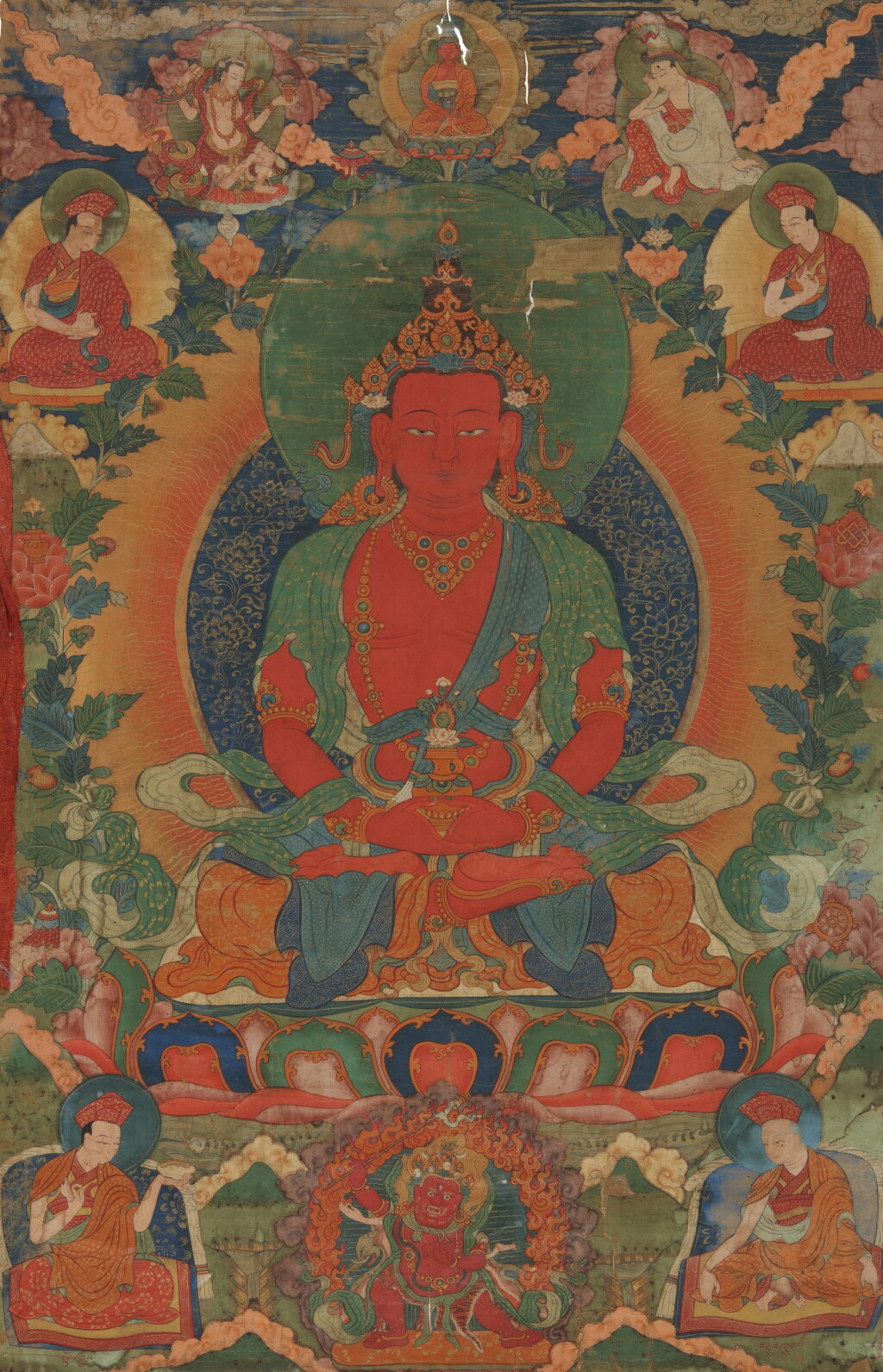 View full screen - View 1 of Lot 307. A Thangka Depicting Amitayus Together With Two Thangkas From the Same Series Depicting Vajrakila and Chakrasamvara (3), Tibet, 18th Century.