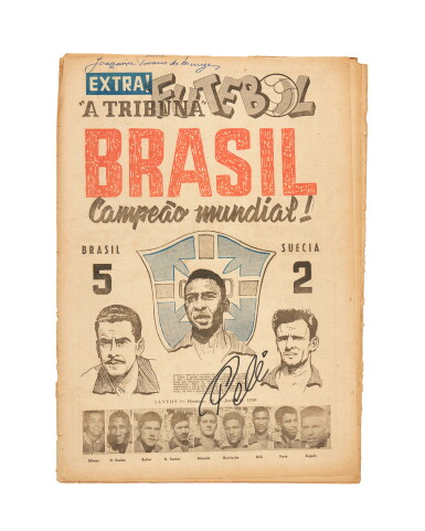 View full screen - View 1 of Lot 43. June 29, 1958 "A Tribuna" Newspaper | Signed by Pelé.
