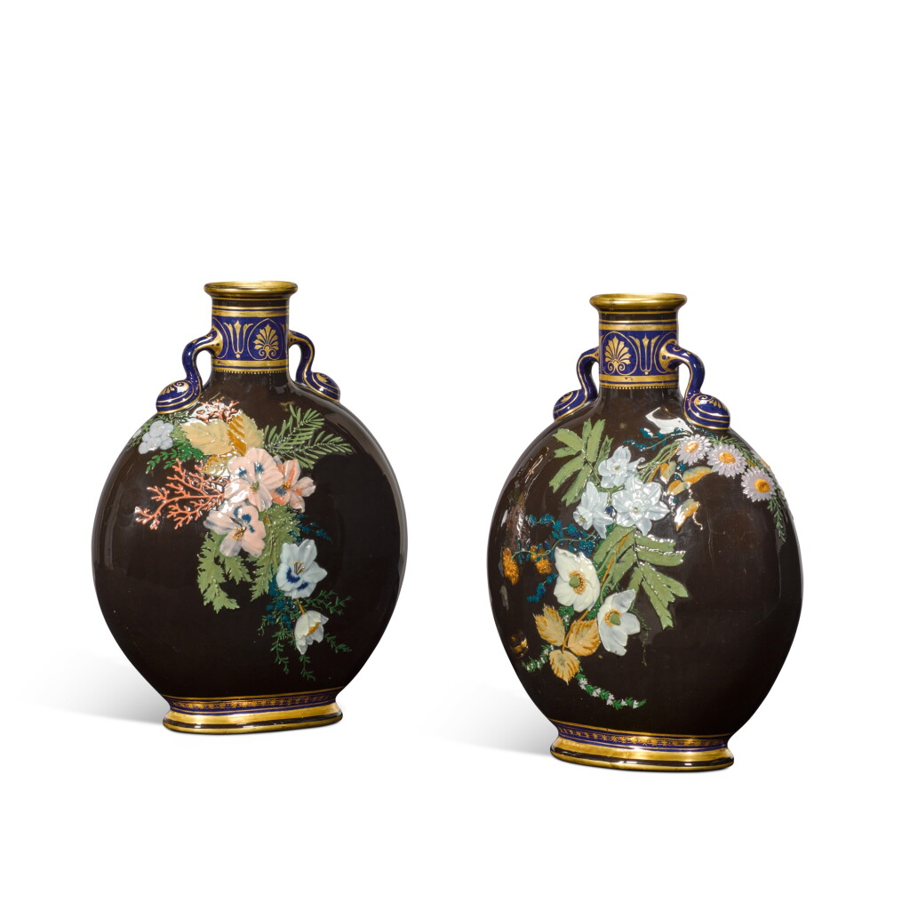 View full screen - View 1 of Lot 159. A pair of Mintons brown-ground and coloured pâte-sur-pâte moon flask vases, late 19th century.