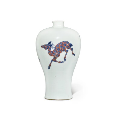 View full screen - View 1 of Lot 504. A copper-red and underglaze-blue 'deer and lingzhi' meiping, Qing dynasty, Kangxi period | 清康熙 青花釉裡紅壽録長春紋梅瓶.