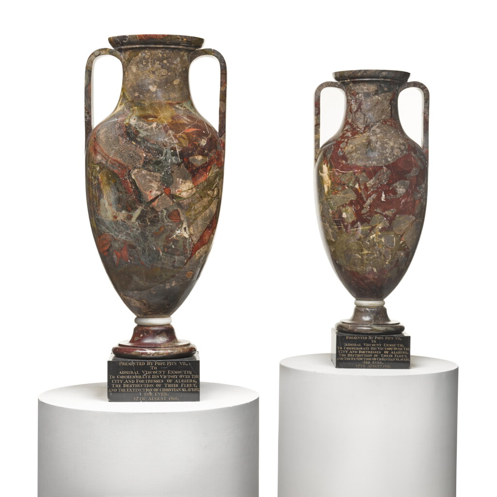View full screen - View 1 of Lot 17. A pair of Italian breccia policroma marble two-handled amphorae vases, Rome, circa 1800.