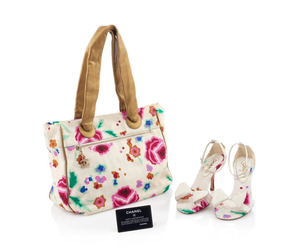 View full screen - View 1 of Lot 160. CHANEL | CANVAS FLORAL PRINT TOTE BAG WITH MATCHING PAIR OF SANDALS AND GRIPOIX CUFF AND BROOCH .