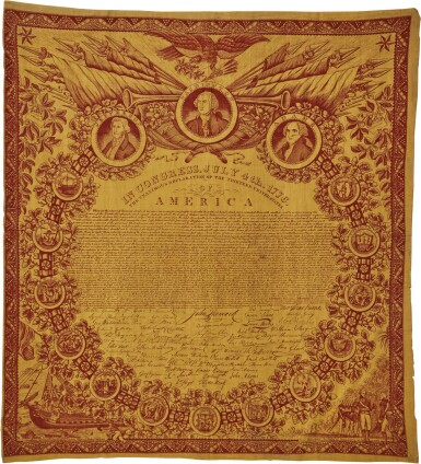 View full screen - View 1 of Lot 628. Very Fine and Rare Declaration of Independence Red Copperplate-Printed Cotton Handkerchief, Made by Richard Gillespie (b. 1772) and Colin Gillespie (b. 1774), Glasgow, Scotland, Circa 1820 to 1825.