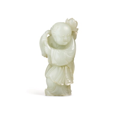 View full screen - View 1 of Lot 211. A PALE CELADON JADE FIGURE OF A BOY, QING DYNASTY, 18TH CENTURY | 清十八世紀 青白玉持蓮童子.