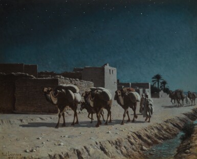 View full screen - View 1 of Lot 128. PAUL LAZERGES | CAMEL TRAIN BY MOONLIGHT.