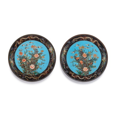 View full screen - View 1 of Lot 312. A Large Pair of Japanese Cloisonné Chargers, Meiji Period, Late 19th Century.