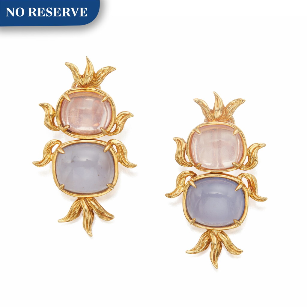 View full screen - View 1 of Lot 313. Tony Duquette | Pair of Rose Quartz and Chalcedony Earclips.