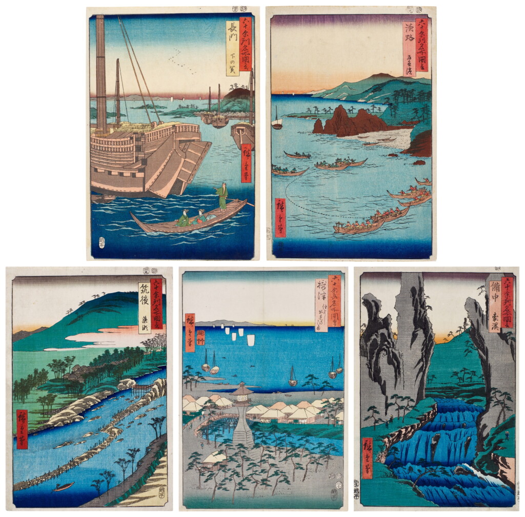 View full screen - View 1 of Lot 115. Utagawa Hiroshige (1797-1858) | Five woodblock prints from the series Famous Places in the Sixty-odd Provinces (Rokujuyoshu meisho zue) | Edo period, 19th century .