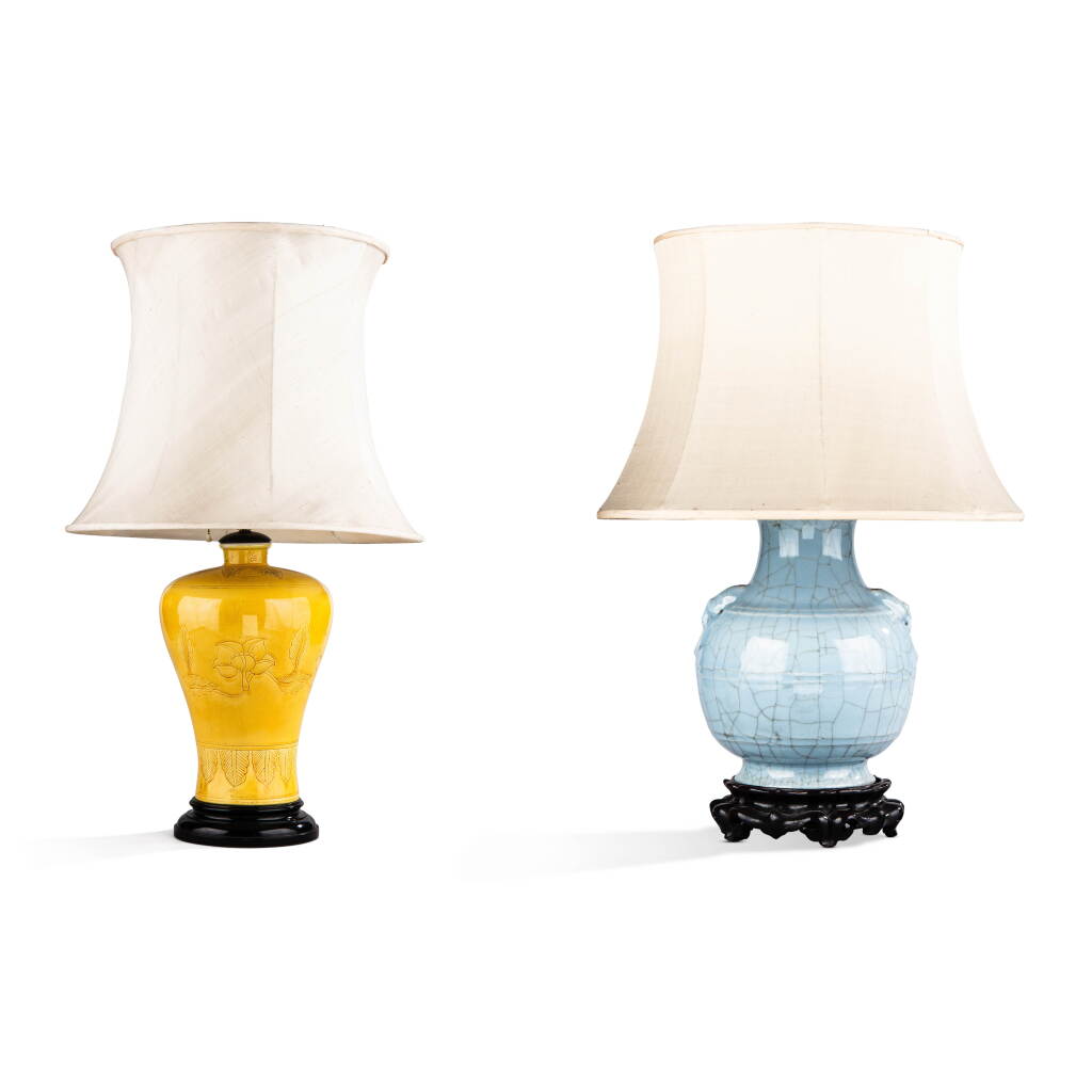 View full screen - View 1 of Lot 308. A yellow-glazed meiping vase and a Guan-type glazed vase, late Qing dynasty - 20th century | Vase en porcelaine monochrome jaune et vase à glaçure de type guan, fin de la dynastie Qing - XXe siècle.