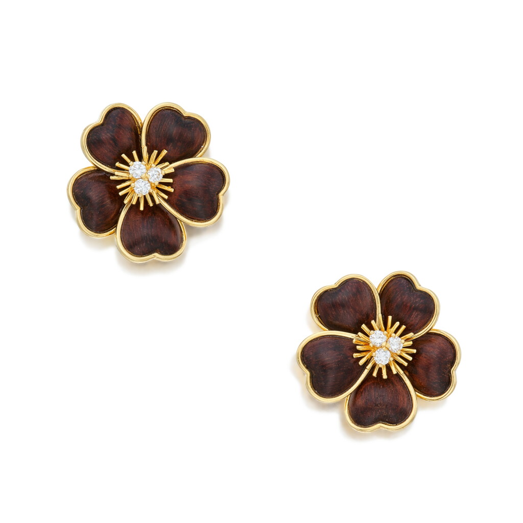 View full screen - View 1 of Lot 544. Pair of Gold, Wood and Diamond 'Clematis' Earclips, France.