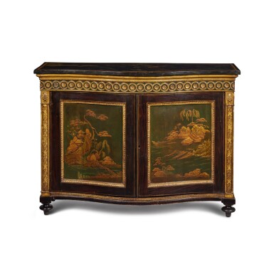 View full screen - View 1 of Lot 159. An Adam Style Polychrome and Japanned Serpentine-Front Side Cabinet, 19th Century.