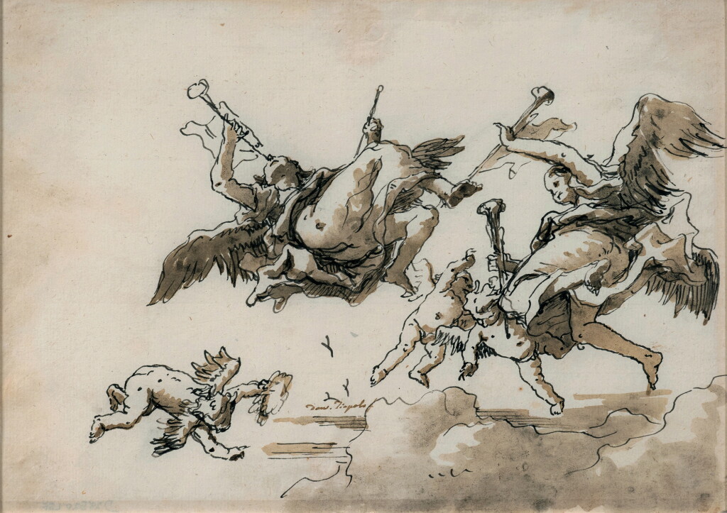 View full screen - View 1 of Lot 161. Angels in flight blowing trumpets.