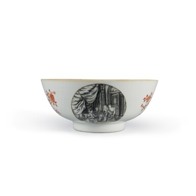 View full screen - View 1 of Lot 222. An Extremely Rare Chinese Export Iron-Red, Gilt and Grisaille-Decorated European-Subject 'Figural' Punch Bowl Qing Dynasty, Qianlong Period, Circa 1745 | 清乾隆 約1745年 墨彩礬紅描金西洋人物故事圖盌.