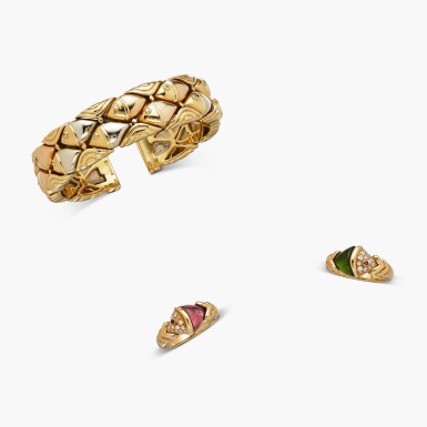 View full screen - View 1 of Lot 338. Three-Color Gold 'Naturalia' Cuff-Bracelet and Two Gold, Colored Stone and Diamond Rings.