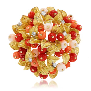 View full screen - View 1 of Lot 80. Coral and diamond brooch, 1960s.