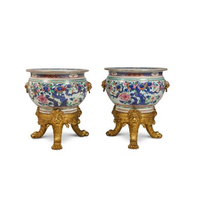 View full screen - View 1 of Lot 152. A Pair of Gilt-Bronze Mounted Verte-Imari Porcelain Fish Bowls, Qing Dynasty, Yongzheng.