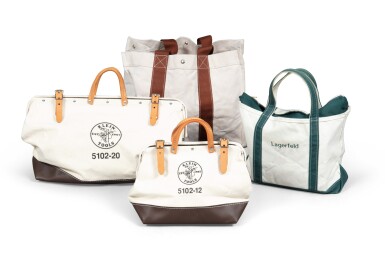 View full screen - View 1 of Lot 1037. Lots of four leather and canvas bags, Hermès, LL. Bean and Klein Tools | Lots de quatre sacs en cuir et toile, Hermès, LL. Bean et Klein Tools.