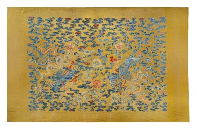 View full screen - View 1 of Lot 620. A large yellow-ground silk embroidered 'phoenix' panel, Qing dynasty, 18th century | 清十八世紀 黃地繡彩雲雙鳳穿花紋帷料.