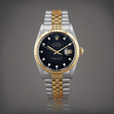 View full screen - View 1 of Lot 421. Datejust, reference 16013 Montre bracelet en acier et or jaune avec date et index diamant | Stainless steel and yellow gold wristwatch with diamond indexes, date and bracelet Vers 1986 | Circa 1986.