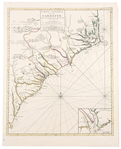 View full screen - View 1 of Lot 28. Mortier, Pierre | First state of the first map of the Carolinas printed outside of England.