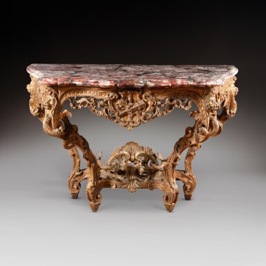 View full screen - View 1 of Lot 61. A Régence giltwood console table, circa 1720, in the taste of Nicolas Pineau.