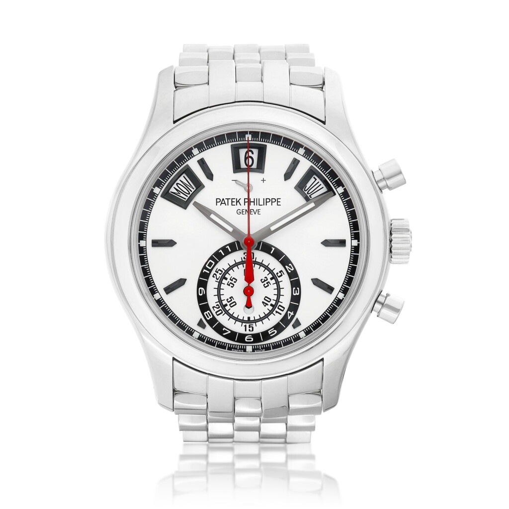 View full screen - View 1 of Lot 2307. Reference 5960 | A stainless steel annual calendar flyback chronograph bracelet watch with day, date, power reserve and day and night indication, Circa 2015 | 百達翡麗 | 型號5960 | 精鋼年曆飛返計時鏈帶腕錶,備日期、星期、動力儲備及晝夜顯示,約2015年製.
