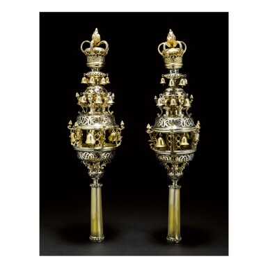 View full screen - View 1 of Lot 3. A PAIR OF LARGE ENGLISH PARCEL-GILT SILVER TORAH FINIALS, EDWARD ALDRIDGE, LONDON, 1764.