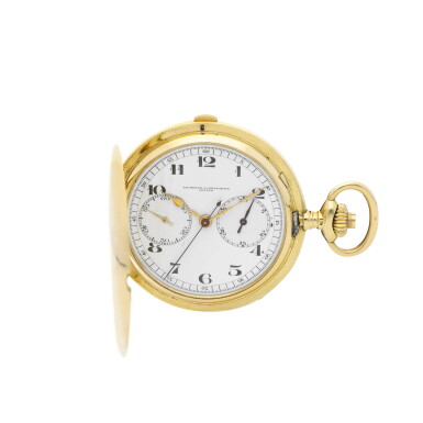 View full screen - View 1 of Lot 8302. A yellow gold mono pusher chronograph hunting case watch with enamel dial, Circa 1900 | 江詩丹頓 黃金單按鈕計時獵殼懷錶,備琺瑯錶盤,約1900年製.