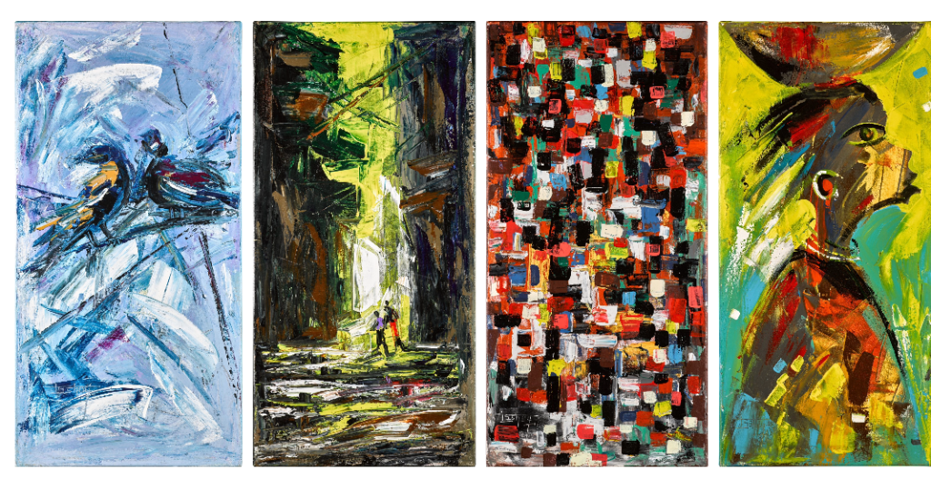 View full screen - View 1 of Lot 140. Good Friends; Transition 1; Good Returns; Day Break - A Group of Four Paintings .