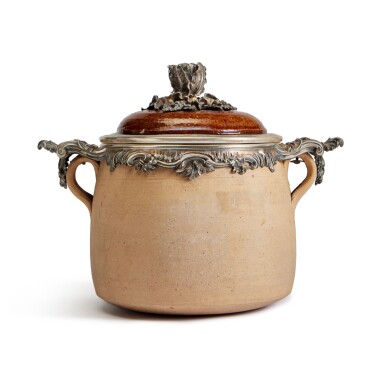 View full screen - View 1 of Lot 247. A French Silver-Mounted Stoneware Covered Pot, Maker's Mark G. Boin, Paris, Circa 1900.