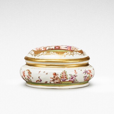 View full screen - View 1 of Lot 65. A Meissen (K.P.M.) oval sugar box and cover, Circa 1725 .