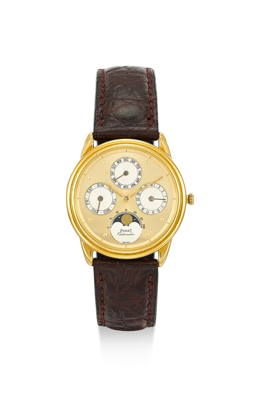 View full screen - View 1 of Lot 8221. PIAGET | GOUVERNEUR, REFERENCE 15958, A YELLOW GOLD TRIPLE CALENDER WRISTWATCH WITH MOON PHASES, CIRCA 1980.