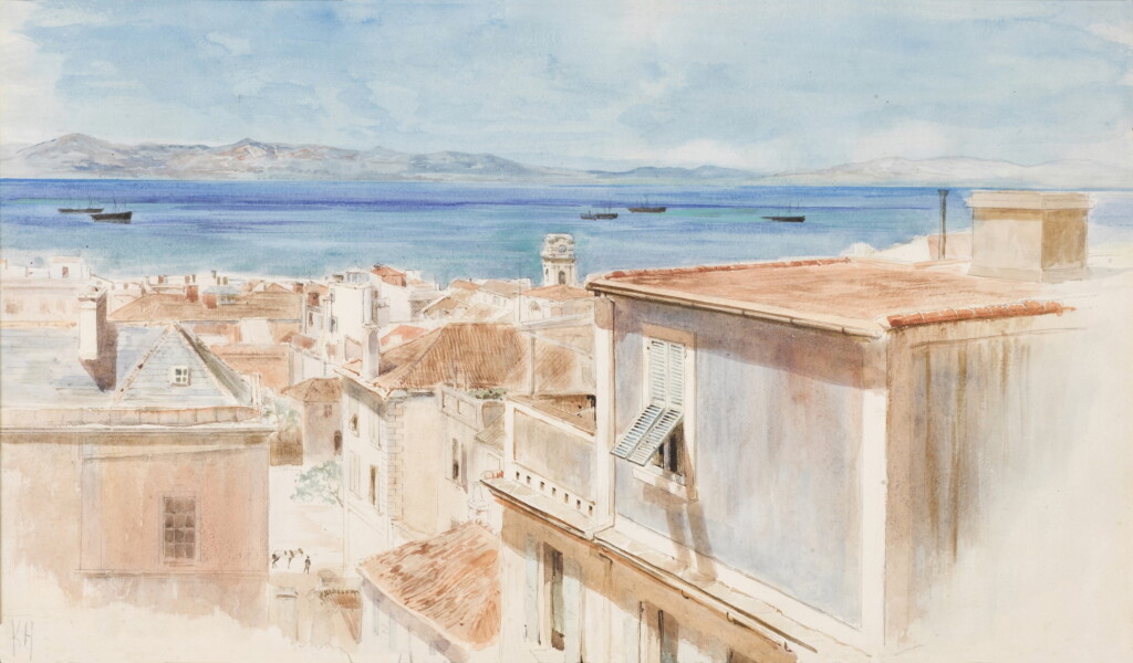 View full screen - View 1 of Lot 57. KEELEY HALSWELLE | THE TOWN OF GIBRALTAR WITH THE COAST OF SPAIN BEYOND.