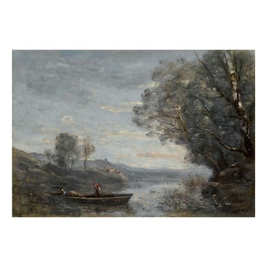 View full screen - View 1 of Lot 405. JEAN-BAPTISTE-CAMILLE COROT | SOUVENIR DU LAC DE NÉMI. BATALIERS À LA RIVE .