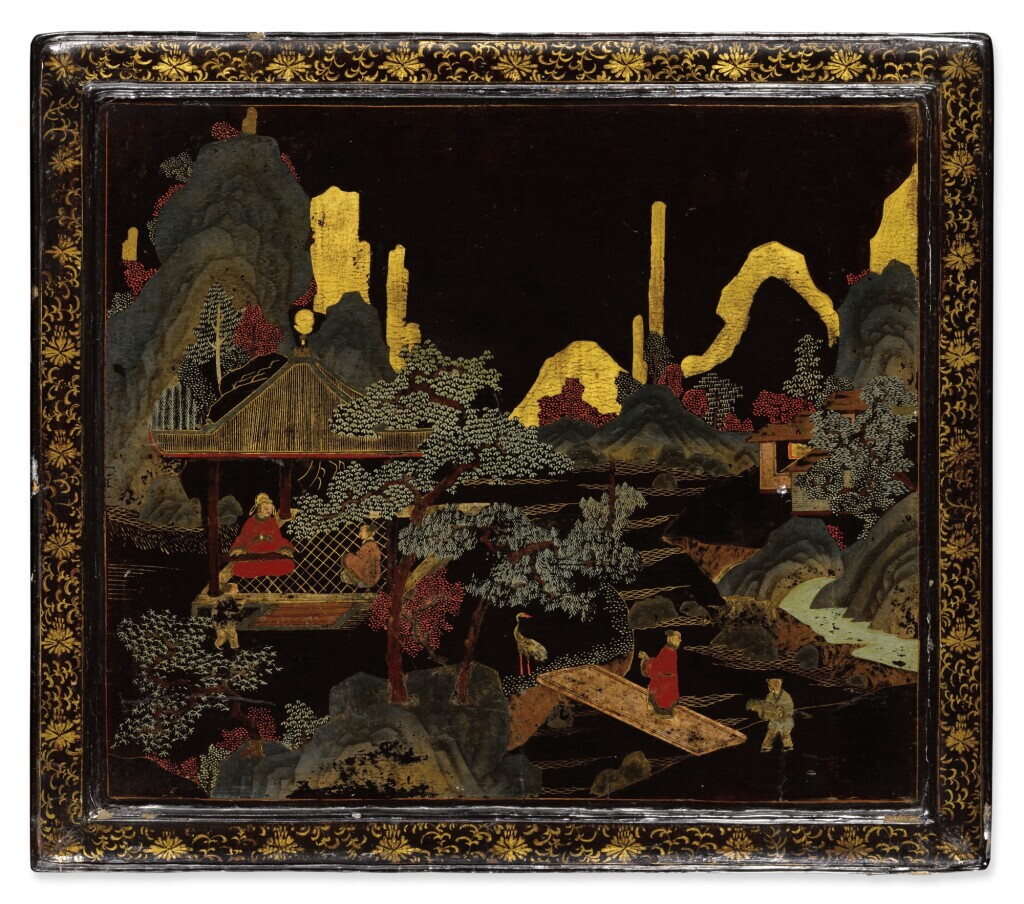 View full screen - View 1 of Lot 81. A painted polychrome lacquer 'figural' panel, 19th / 20th century | 十九 / 二十世紀 彩漆人物山水圖掛屏.