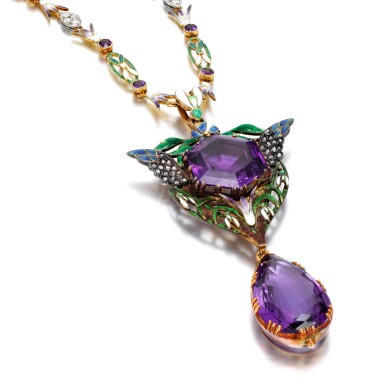 View full screen - View 1 of Lot 85. Amethyst, enamel and diamond pendant, circa 1900.