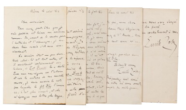 View full screen - View 1 of Lot 48. 7 lettres autographes signées à des confrères, 1882-1892. À propos de ses œuvres, dont plusieurs romans de la série des Rougon-Macquart. .