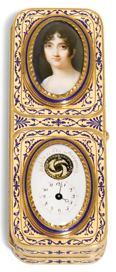 View full screen - View 1 of Lot 34. A GOLD AND ENAMEL PORTRAIT BOX WITH TIMEPIECE, JACQUES-ALEXANDRE GUILLEMOT, PARIS, 1798-1809.