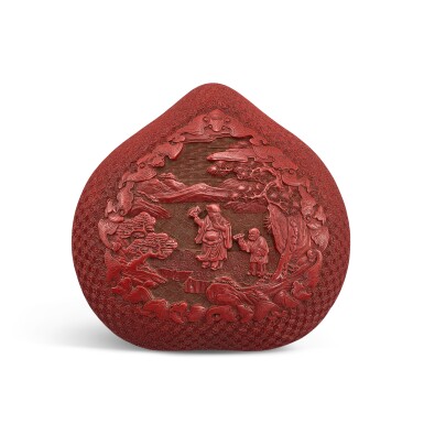 View full screen - View 1 of Lot 558. A cinnabar lacquer 'immortal' peach-shaped box and cover, Qing dynasty, 18th century 清十八世紀 剔紅鍾離權圖桃式蓋盒.
