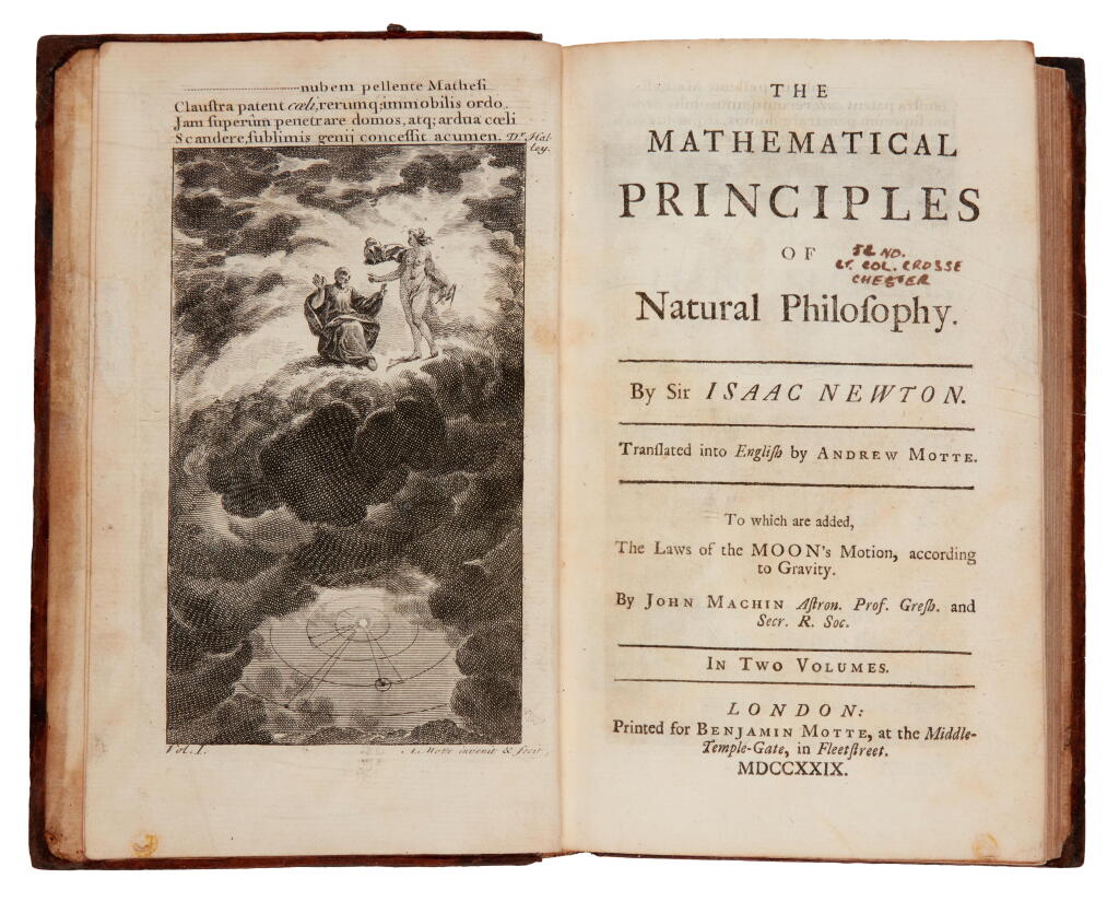 View full screen - View 1 of Lot 95. Isaac Newton | The mathematical principles of natural philosophy..., London, 1729, first edition in English, 2 volumes, contemporary calf.