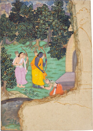 View full screen - View 1 of Lot 184. A folio from the ‘Burnt Edge’ Ramayana series: A female devotee (probably Shabari) kneeling at Rama’s feet, with Lakshmana standing behind, India, Sub-imperial Mughal, circa 1605.