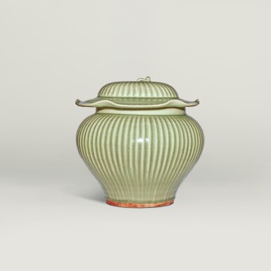 View full screen - View 1 of Lot 134. A rare 'Longquan' celadon-glazed ‘Hundred Rib' jar and cover, Yuan dynasty .