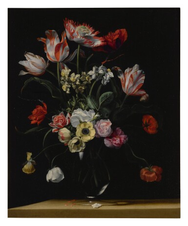 View full screen - View 1 of Lot 143. JEAN-MICHEL PICART | TULIPS, DAFFODILS, CARNATIONS, POPPIES, ANEMONES, AND OTHER FLOWERS IN A GLASS VASE ON A WOODEN LEDGE; TULIPS, LILIES, DAFFODILS, LILACS, AND OTHER FLOWERS IN A GLASS VASE ON A WOODEN LEDGE: A PAIR.